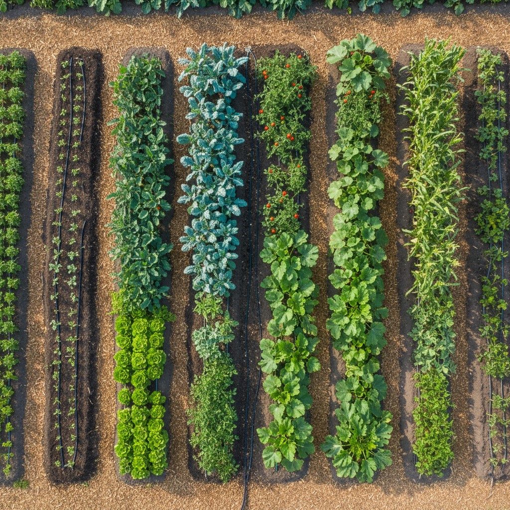Overhead view of vegetable garden rows at different stages of growth showing staggered planting