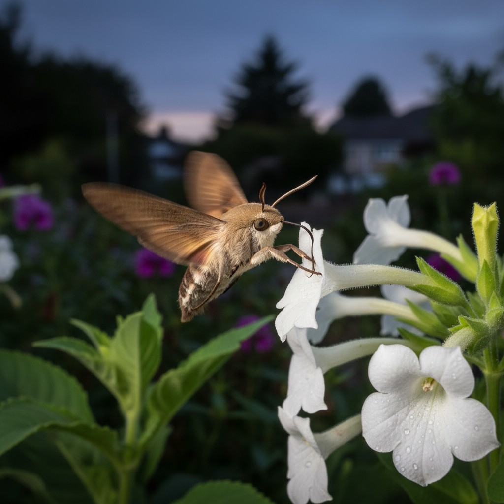 A sphinx moth hovering at white nicotiana flowers in a garden at dusk