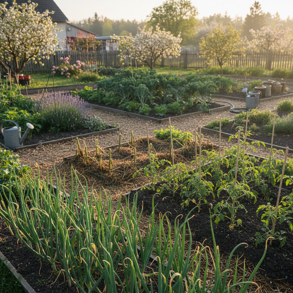 A four-season garden with spring garlic alongside summer tomato transplants in adjacent beds