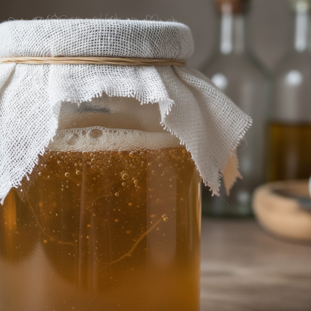 An actively fermenting apple cider vinegar jar with bubbles and cloudy amber liquid