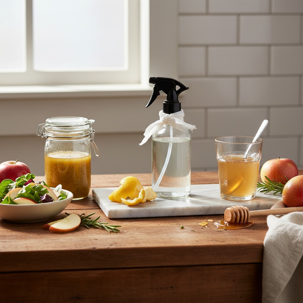Kitchen counter showing multiple ACV uses: salad dressing, cleaning spray, and drinking glass
