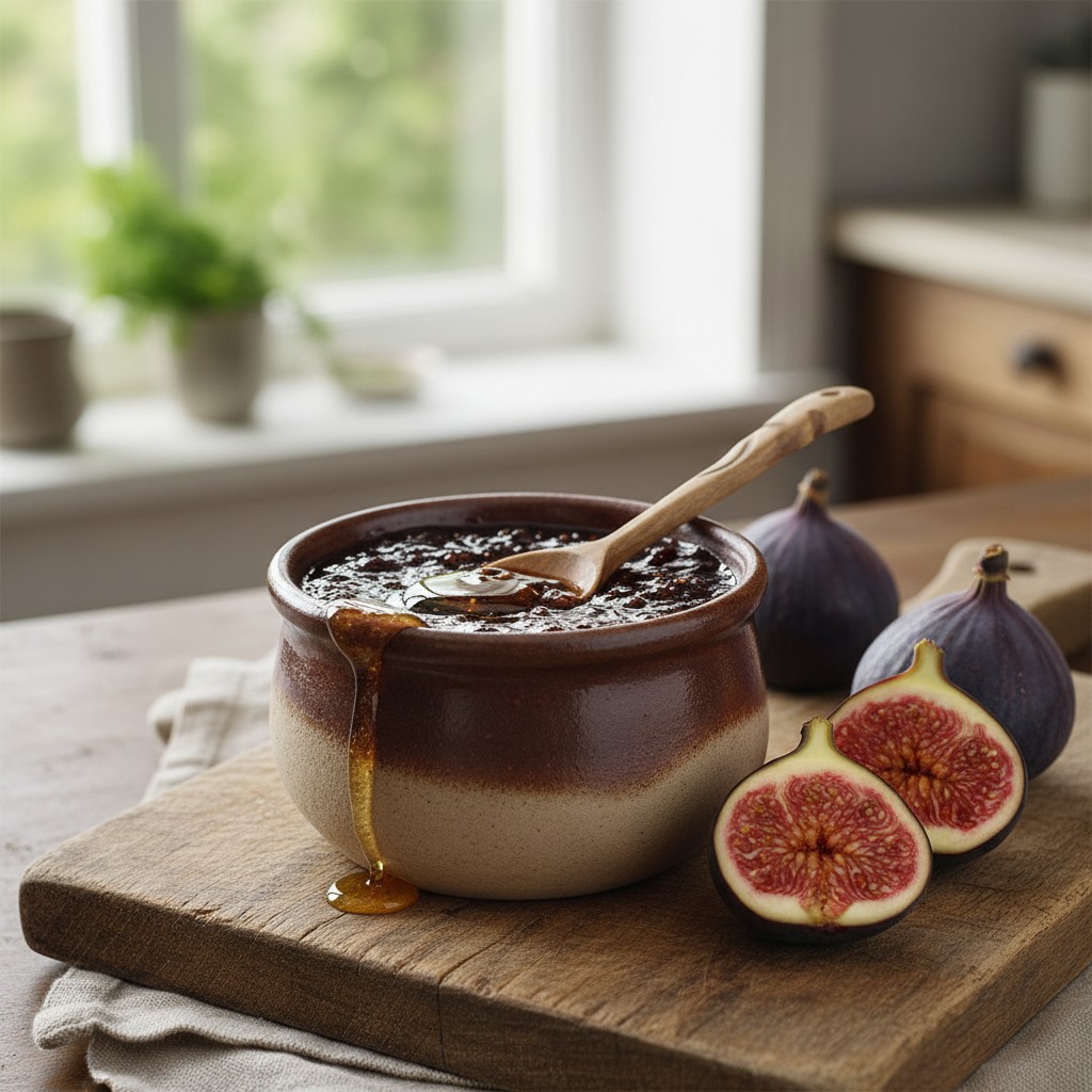 A small pot of dark purple fig jam with a halved fresh fig showing pink interior
