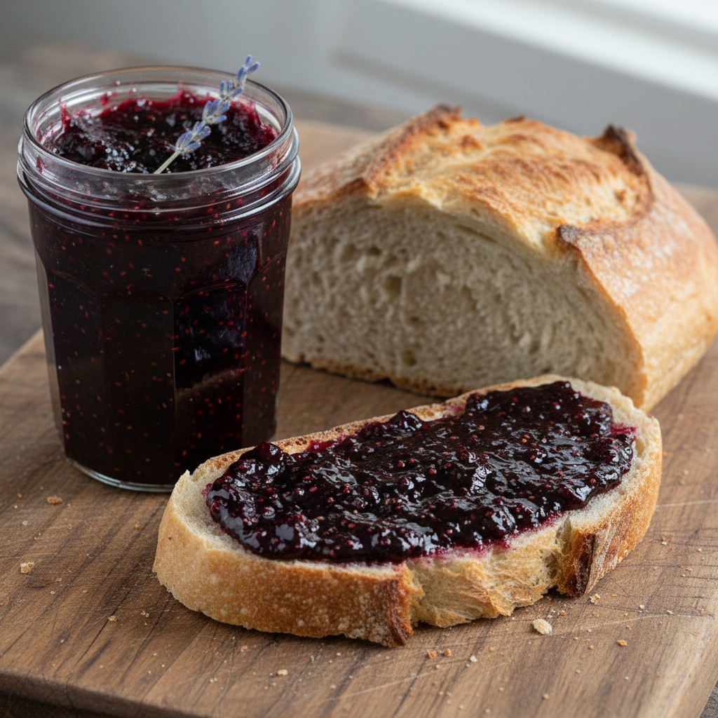 Deep purple blackberry lavender jam in a jar with dried lavender, spread on crusty bread