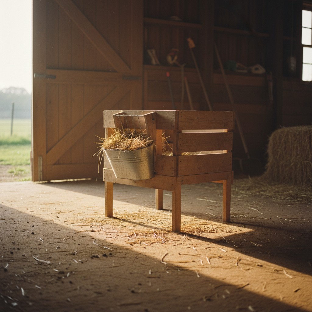 A wooden goat milking stand with feed bucket headpiece on a clean barn floor