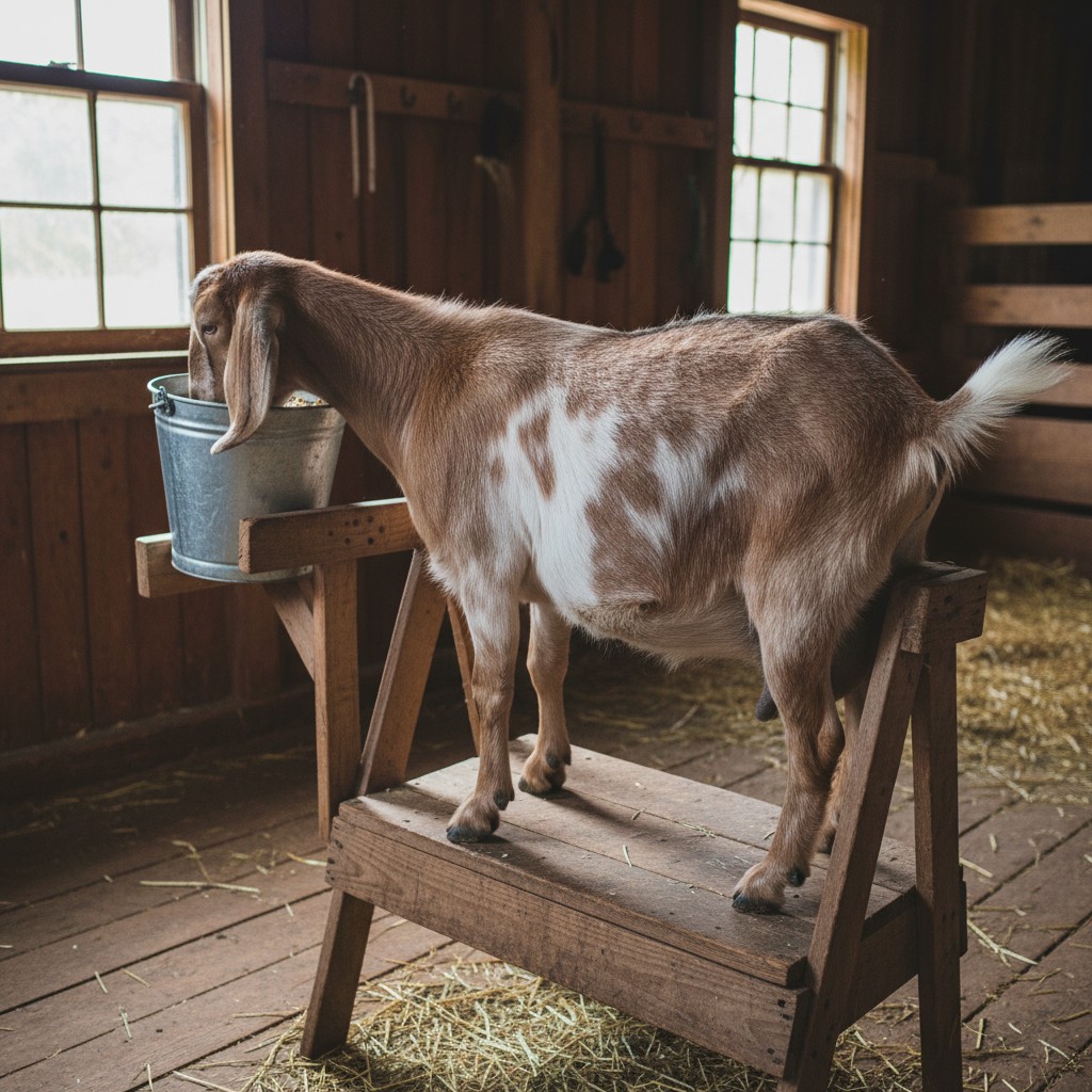 A dairy goat standing on a milking stand eating grain with a full udder visible