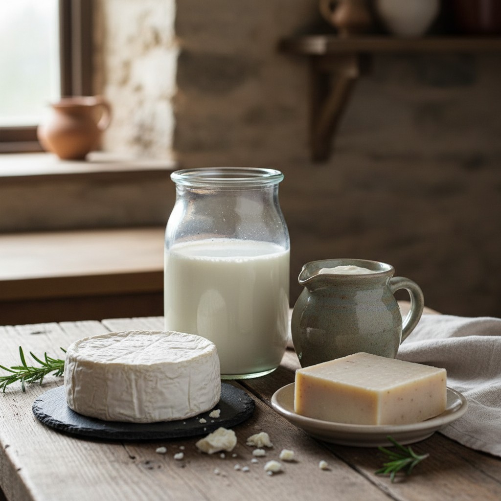Goat milk products: fresh milk, soft cheese, goat milk soap, and cream