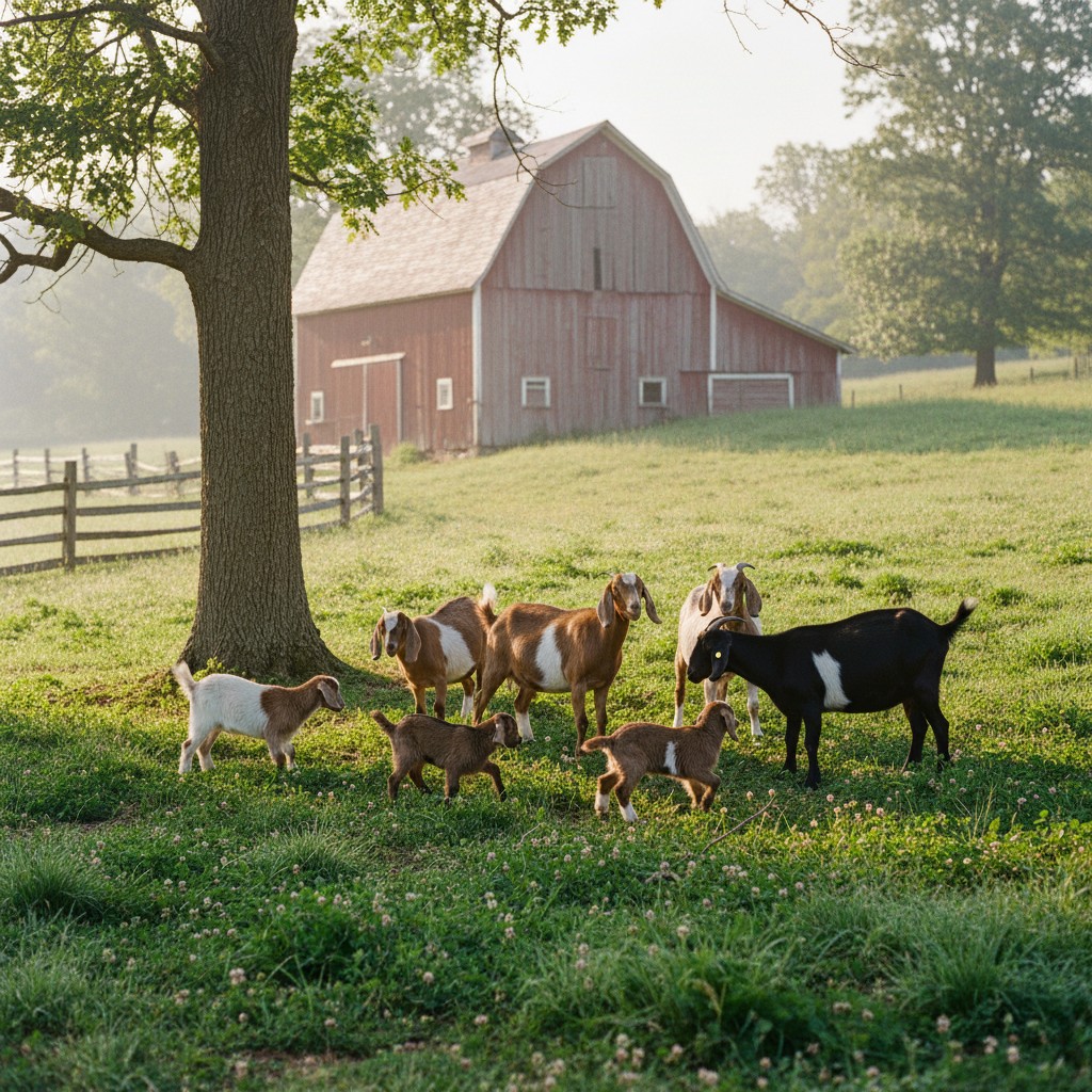 A small herd of dairy goats grazing in a green pasture with kids playing nearby