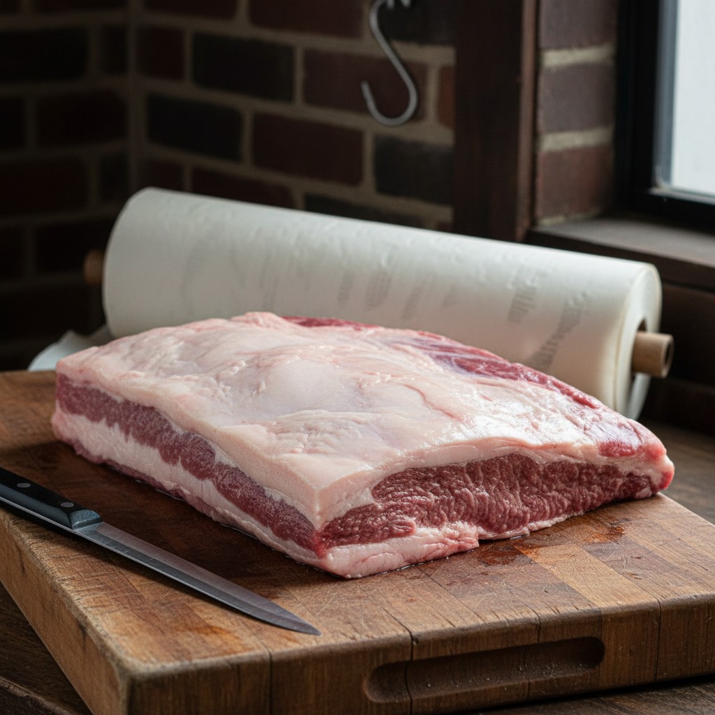 A whole raw beef brisket on a cutting board showing the fat cap and flat and point sections