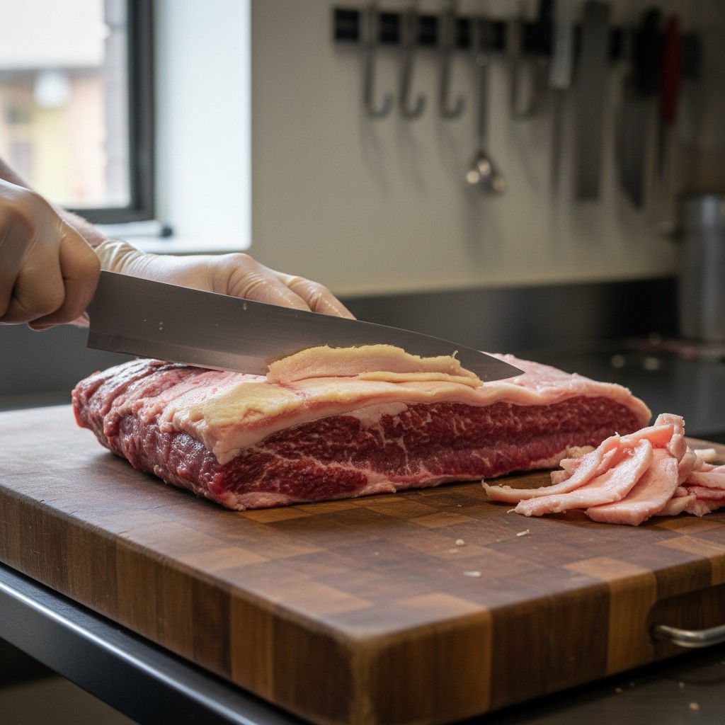 A brisket being trimmed with a sharp knife to leave a quarter-inch fat cap