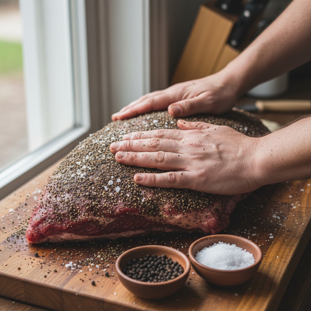 A trimmed brisket being coated with coarse black pepper and salt dry rub