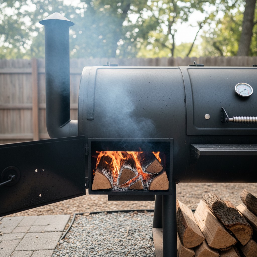 An offset smoker with firebox showing clean-burning post-oak wood and thin blue smoke