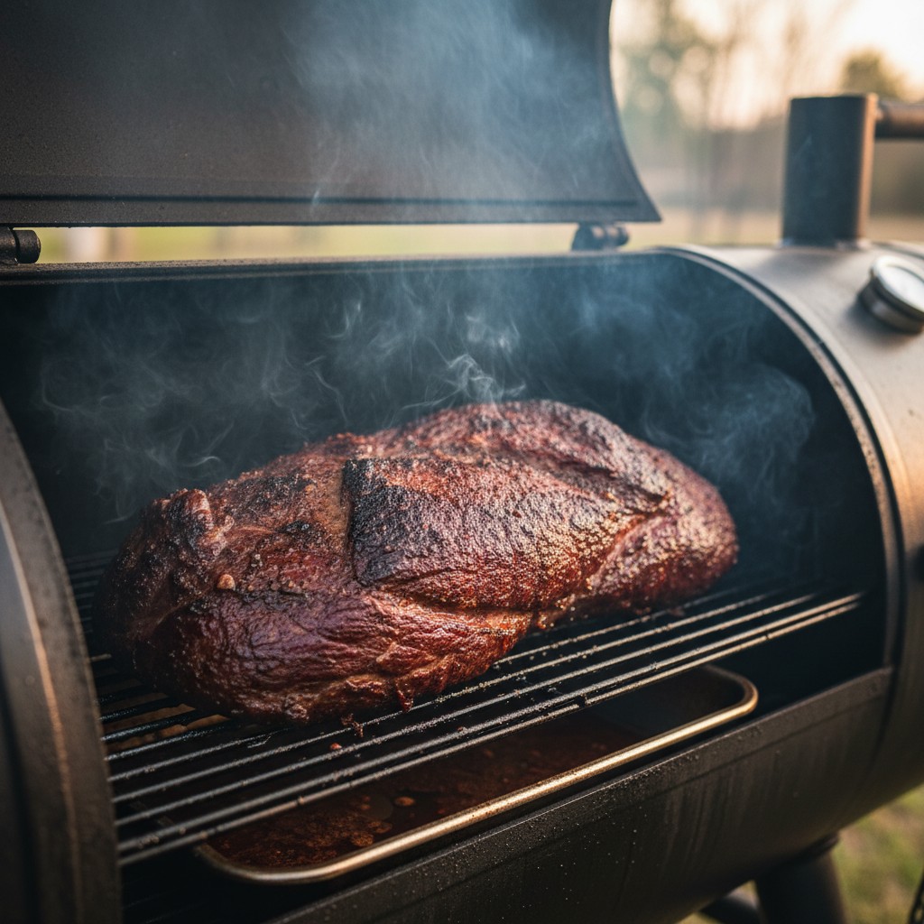 A brisket with dark mahogany bark forming during smoking