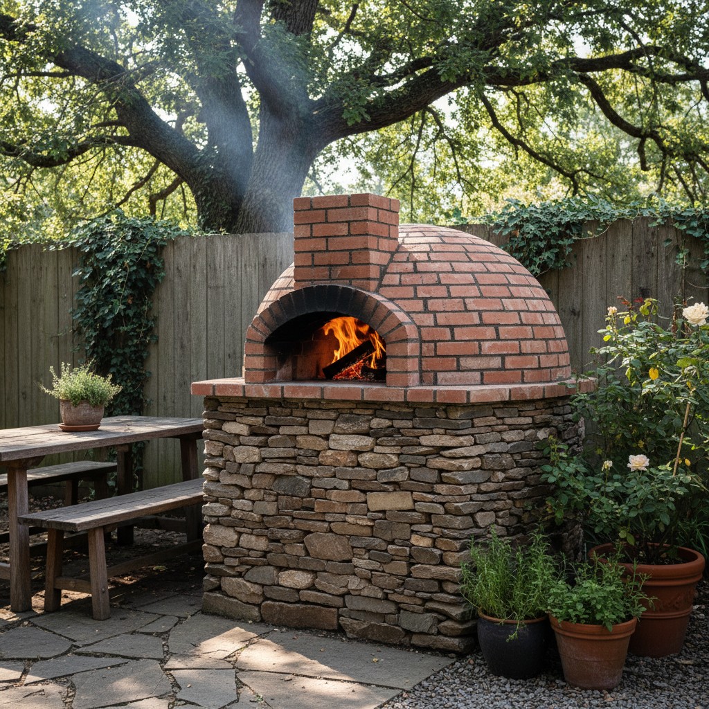 A finished backyard wood-fired pizza oven made of firebrick with a domed shape