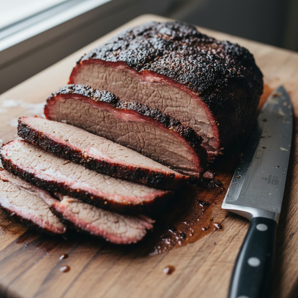 Perfectly smoked brisket sliced against the grain showing a pink smoke ring
