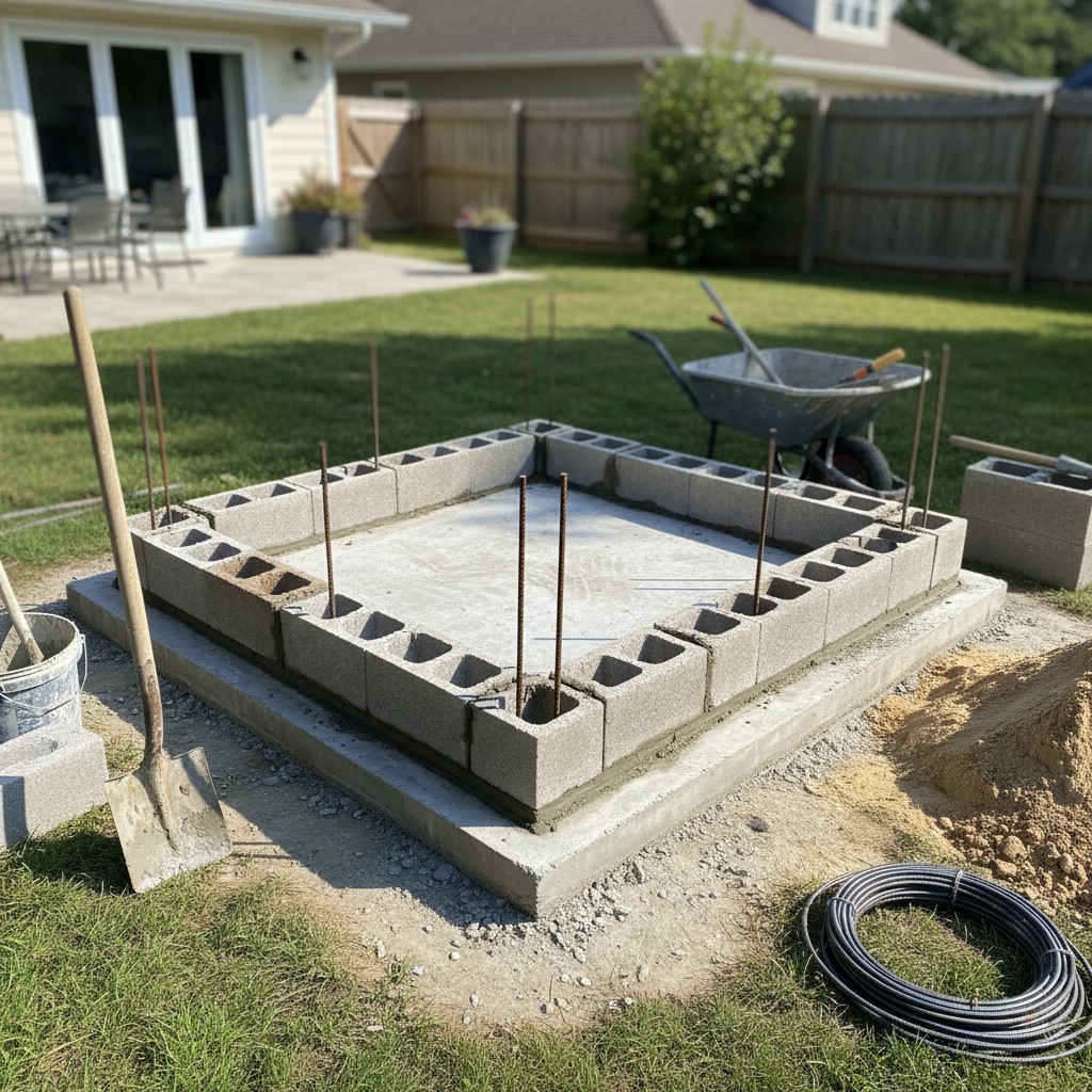 A concrete block foundation being built for a backyard pizza oven