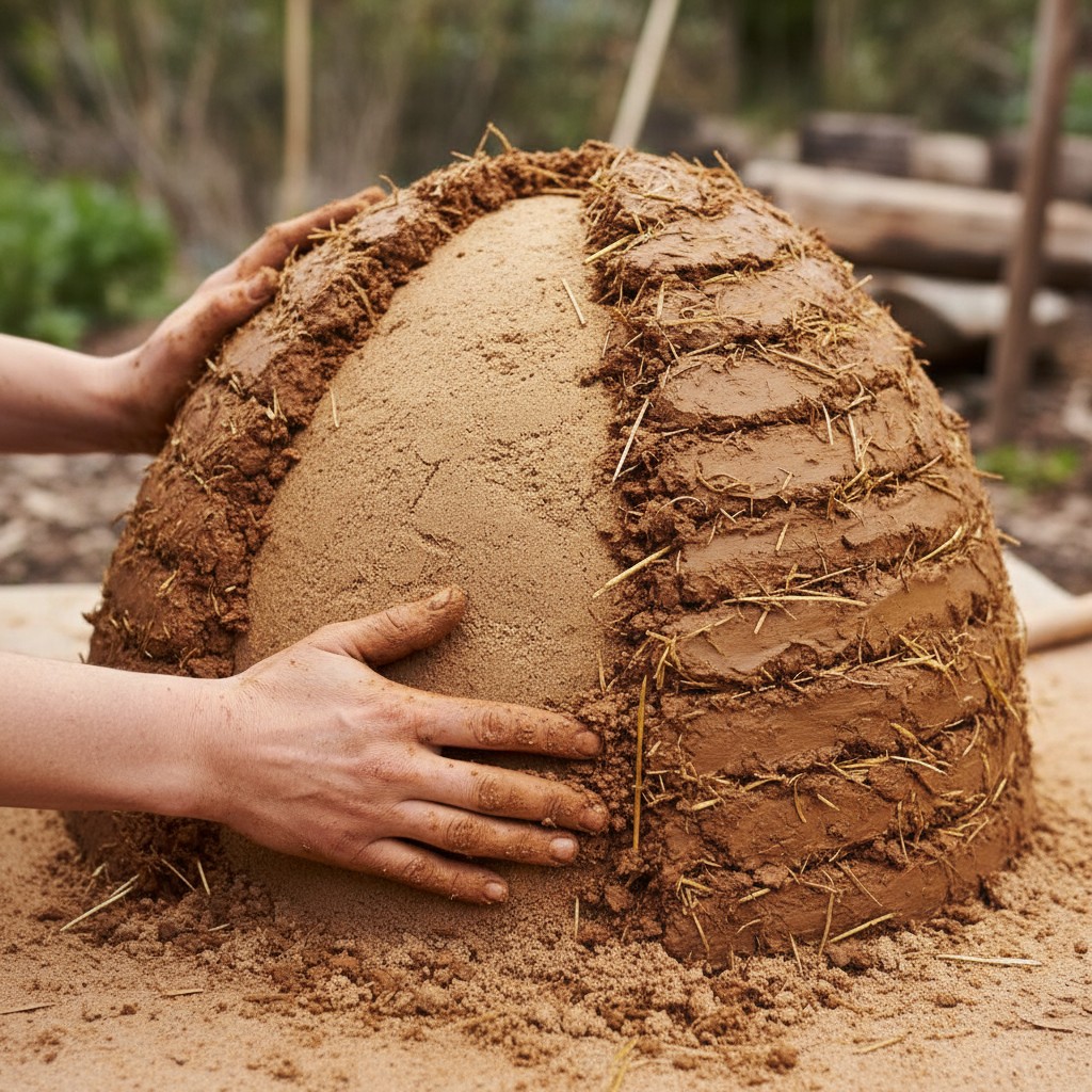 Hands building a cob oven dome over a sand form using clay, sand, and straw