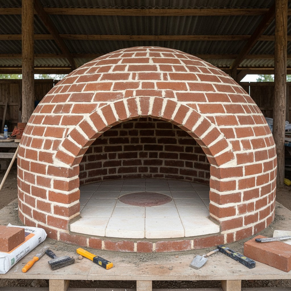 A partially constructed firebrick dome oven showing carefully laid brick arch
