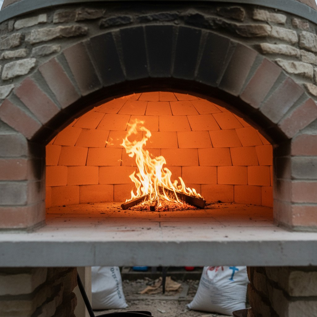 A small curing fire burning inside a newly built pizza oven