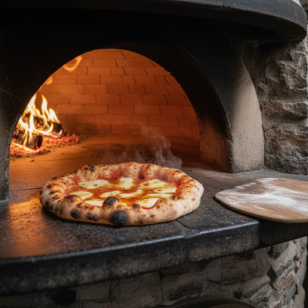 A pizza cooking inside a roaring wood-fired oven with blistering dough