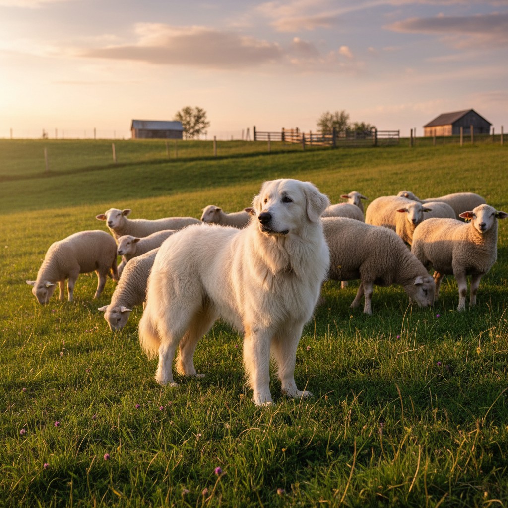 A Great Pyrenees livestock guardian dog standing among sheep in a green pasture