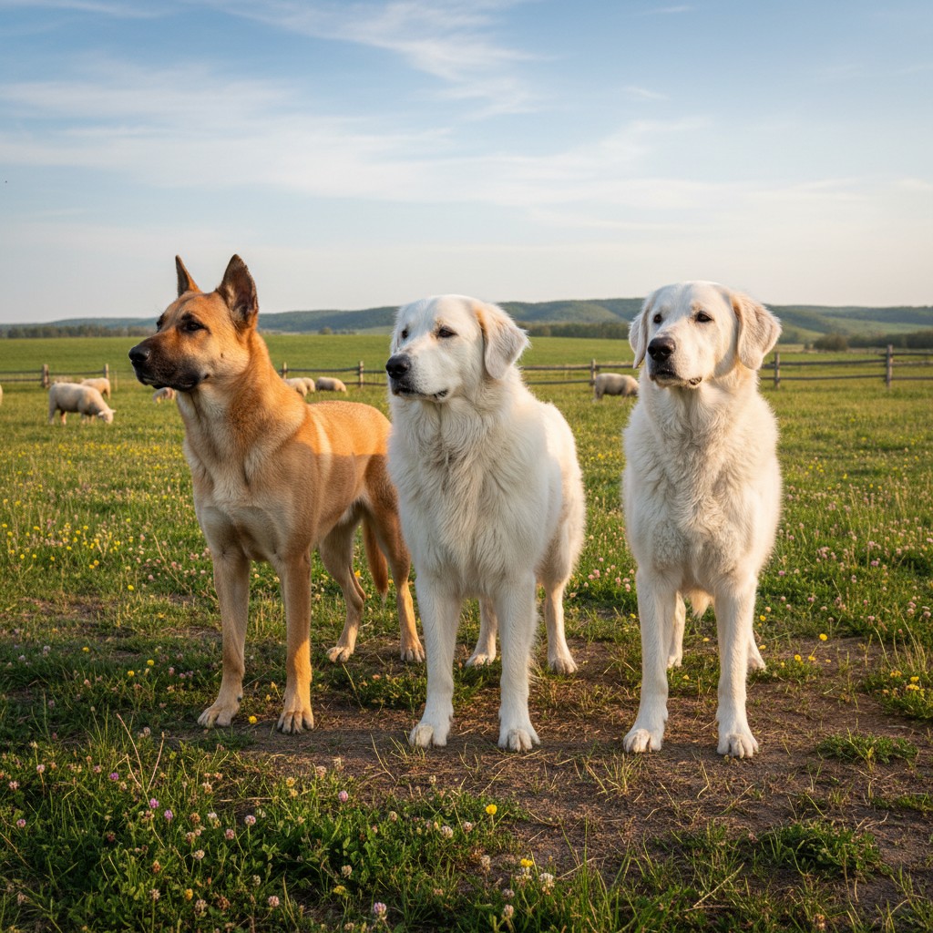 Three livestock guardian dog breeds: Great Pyrenees, Anatolian Shepherd, and Maremma