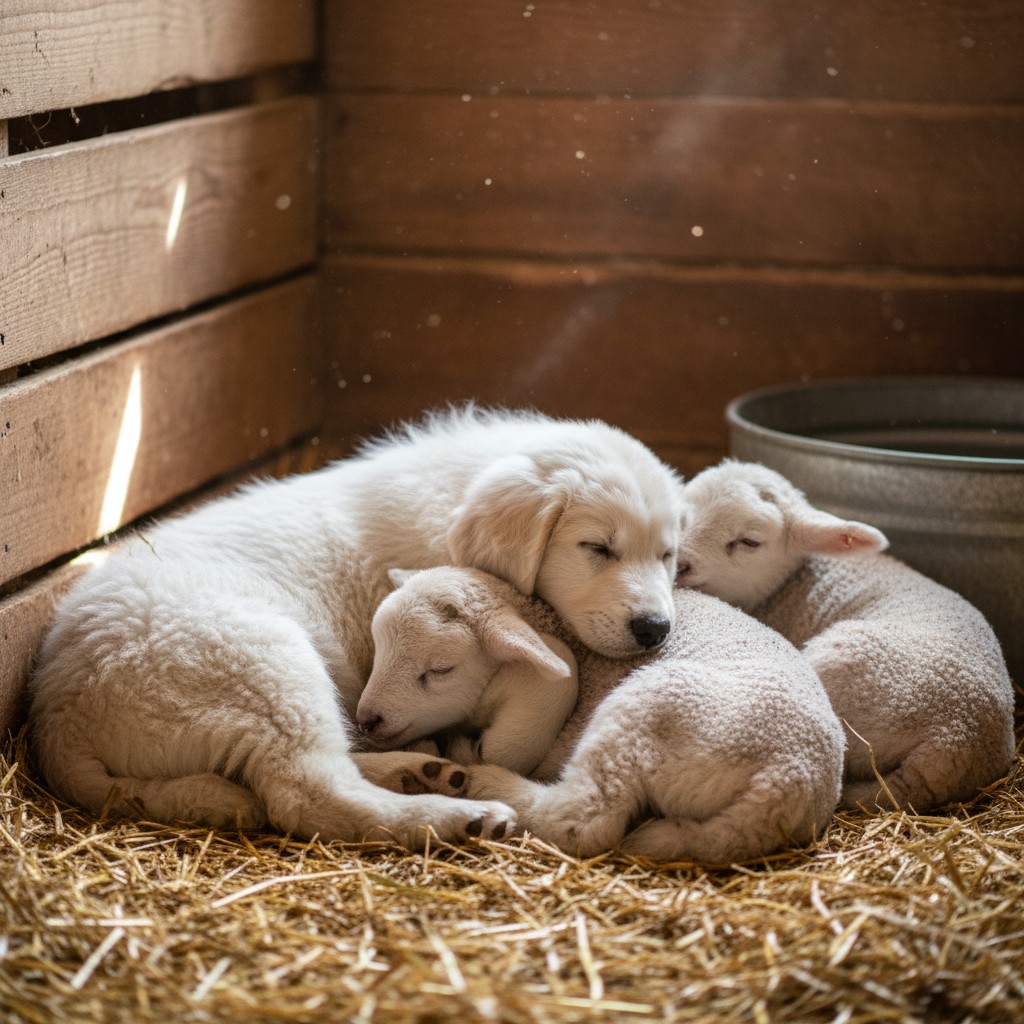 A young Great Pyrenees puppy sleeping next to baby lambs in a barn