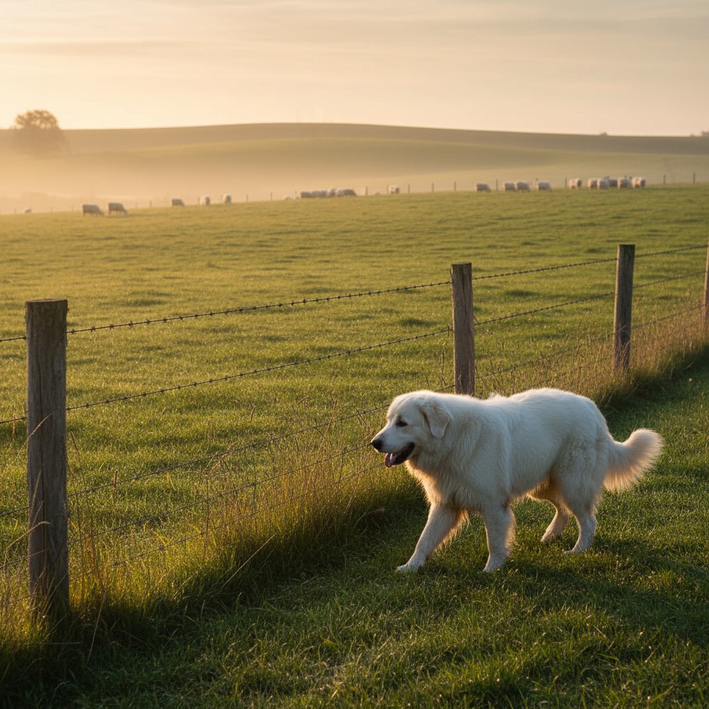 A livestock guardian dog patrolling a fence line at dawn