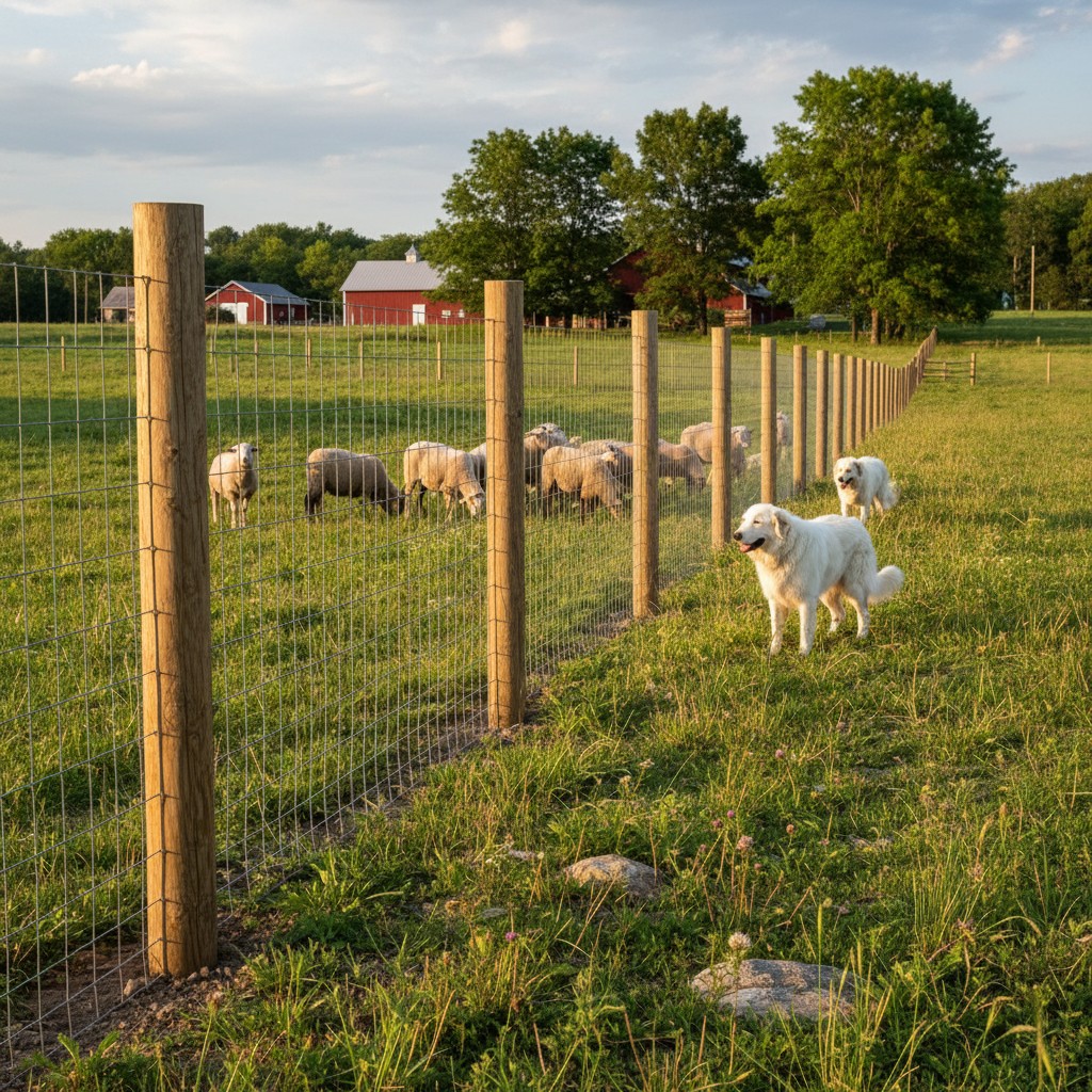 A well-built 5-foot no-climb wire livestock fence on wooden posts