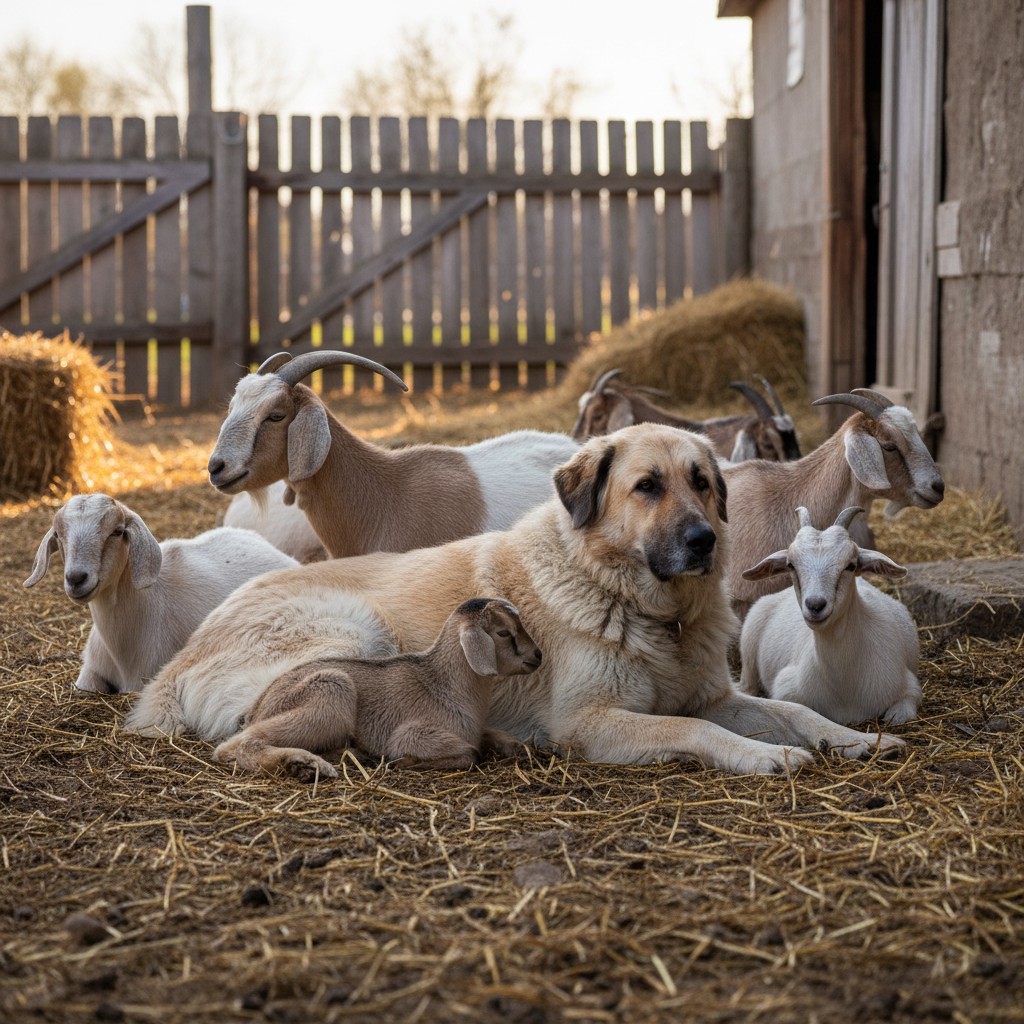 An Anatolian Shepherd livestock guardian dog lying among dairy goats