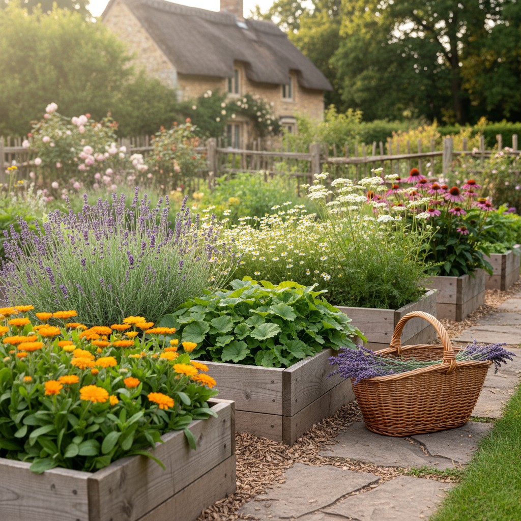 A medicinal herb garden with calendula, lavender, chamomile, plantain, and yarrow