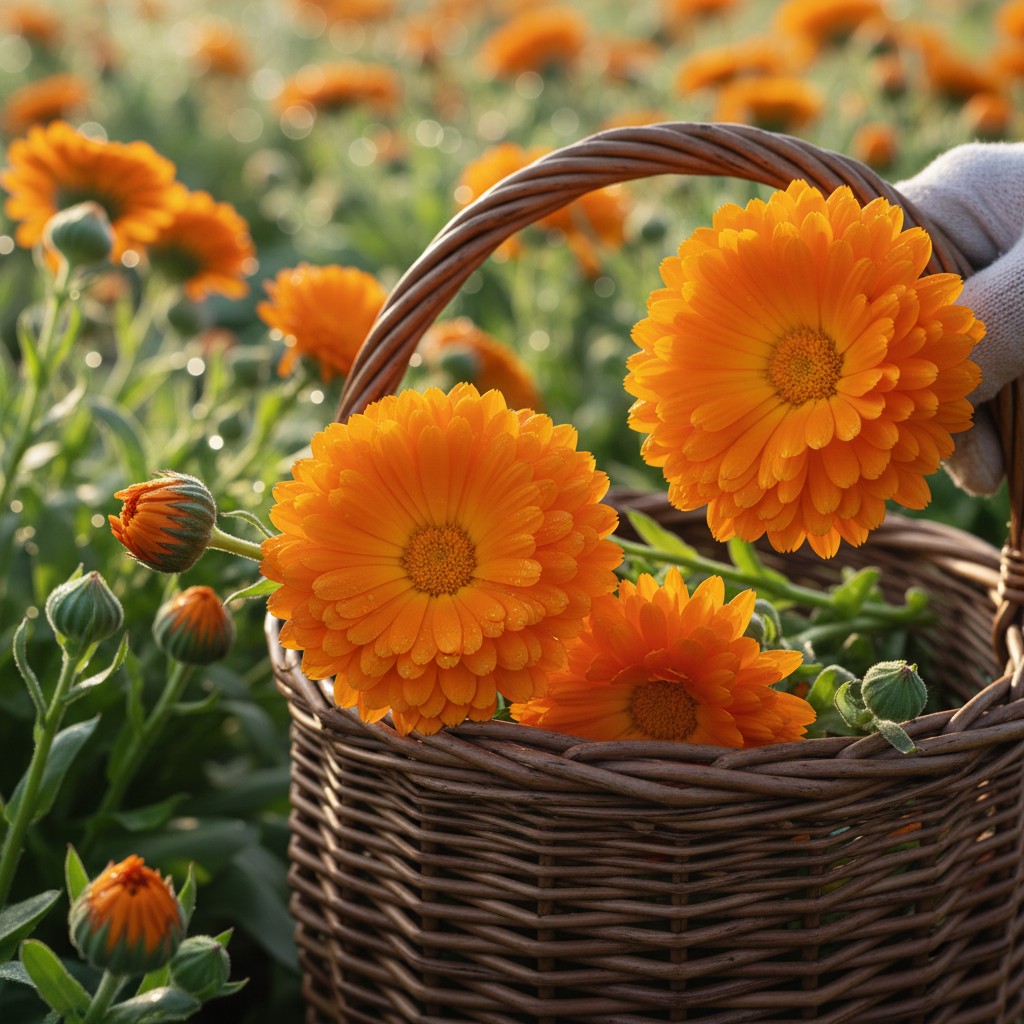 Bright orange calendula flowers being harvested into a basket
