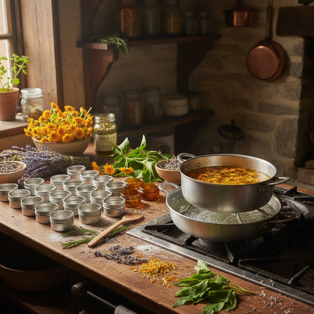 Making herbal salve with a double boiler melting beeswax with infused calendula oil