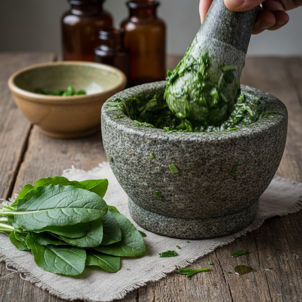 Fresh broadleaf plantain leaves being mashed with mortar and pestle for a poultice
