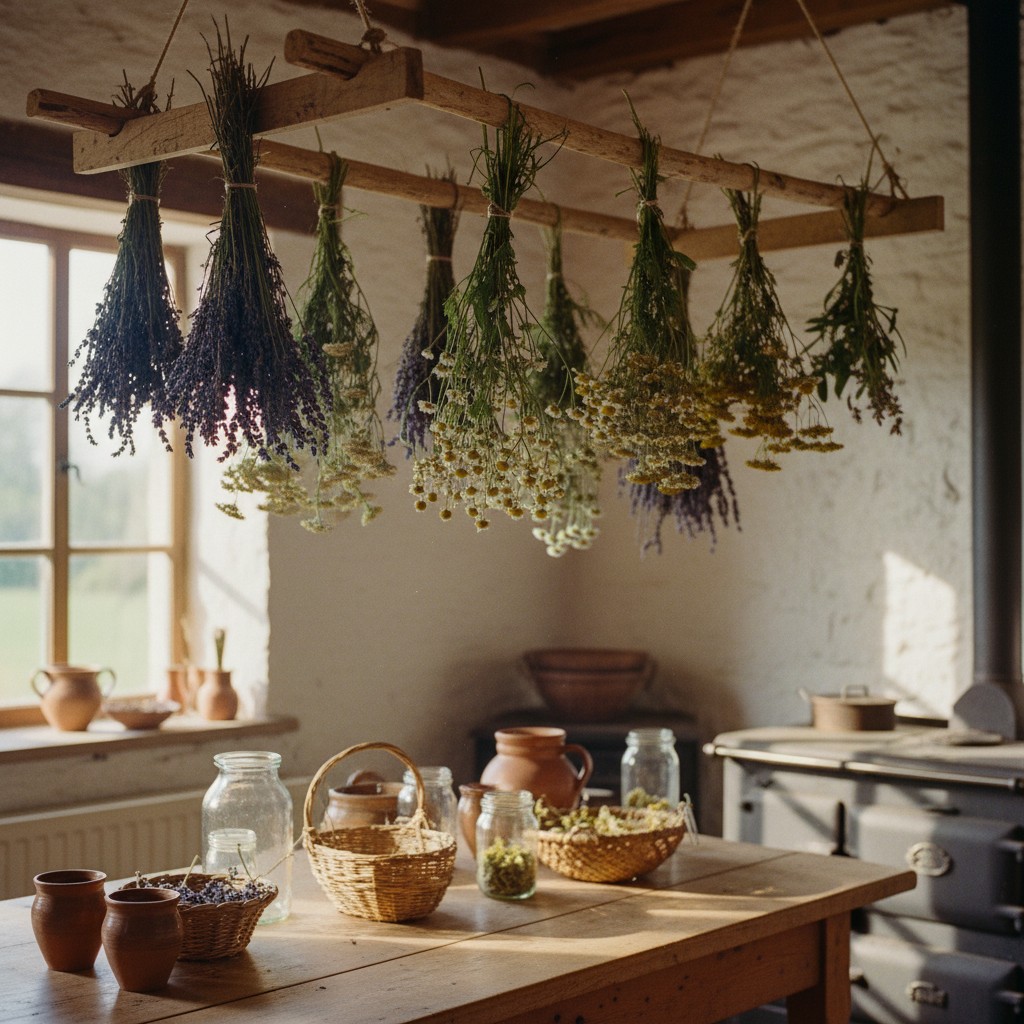 Bundles of lavender, chamomile, and yarrow hanging to dry in a farmhouse kitchen