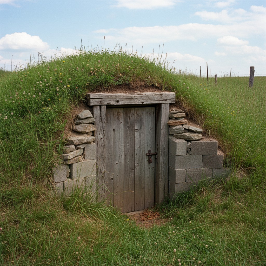 The entrance to an earth-bermed root cellar built into a hillside