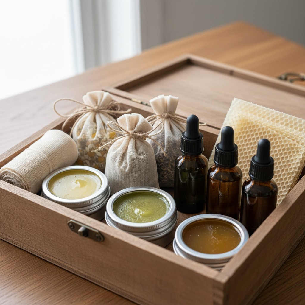 A completed natural first aid kit in a wooden box with labeled tins and dropper bottles