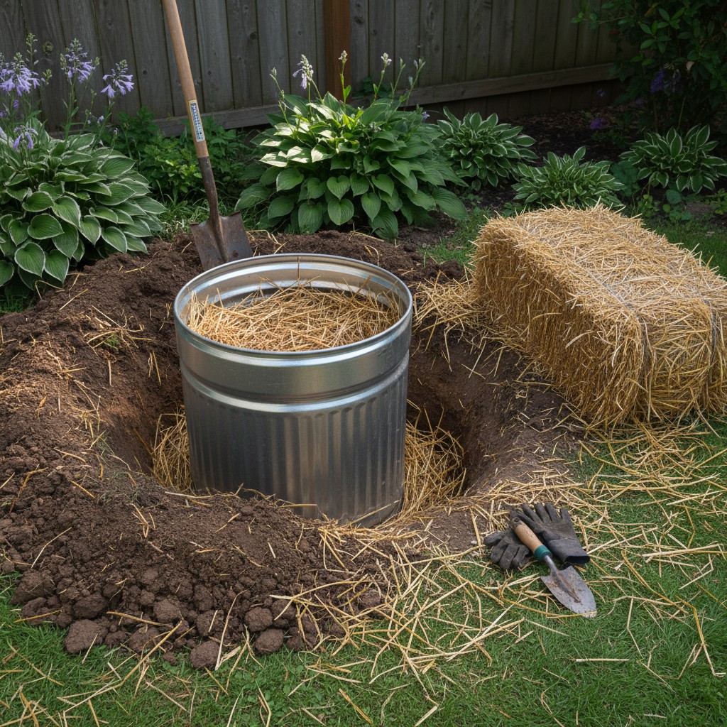 A galvanized metal garbage can being buried in a garden as a simple root cellar