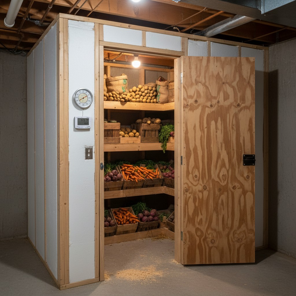 A basement corner partitioned into a cold room root cellar with bins of produce