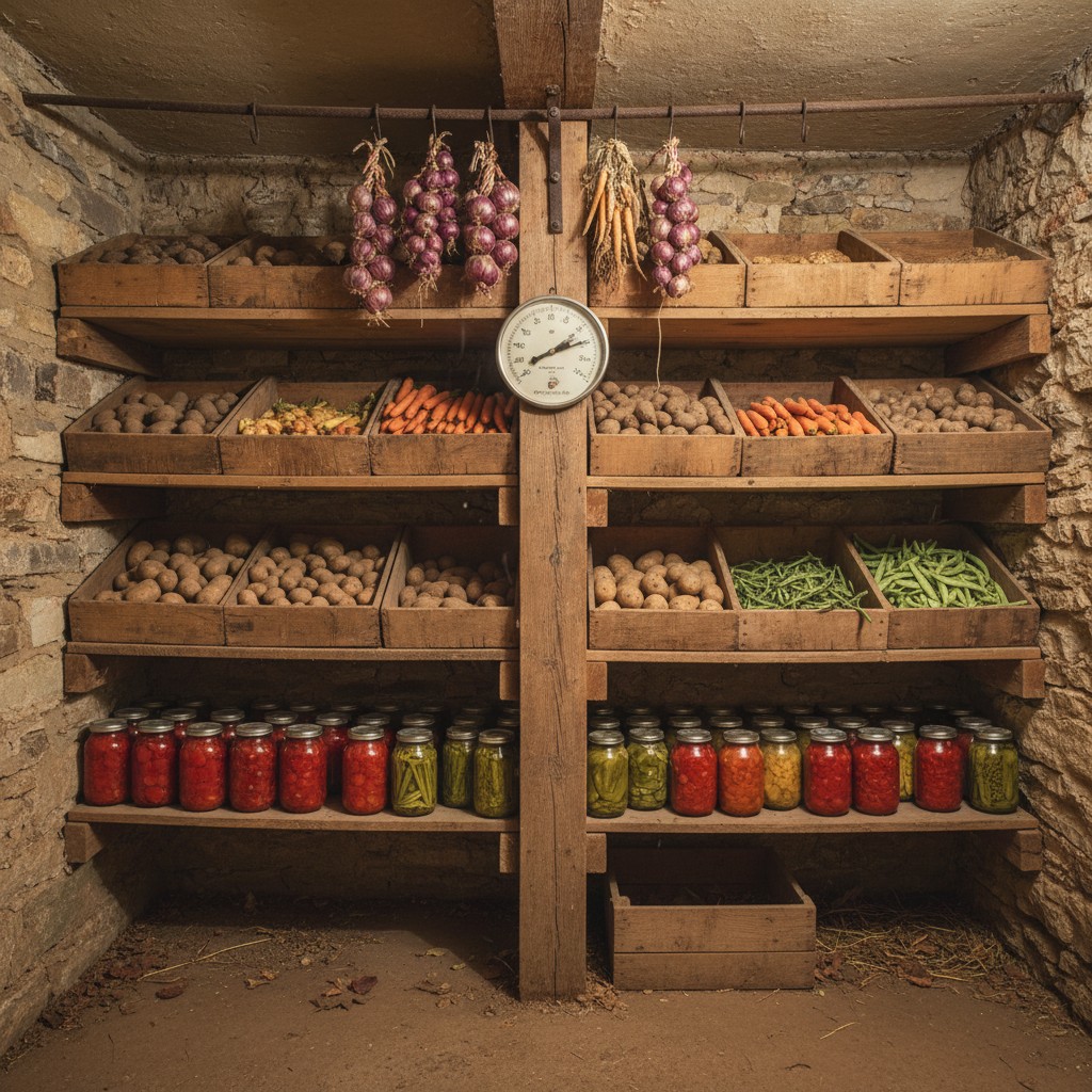 Wooden shelving inside a root cellar loaded with potatoes, carrots, onion braids, and canned goods