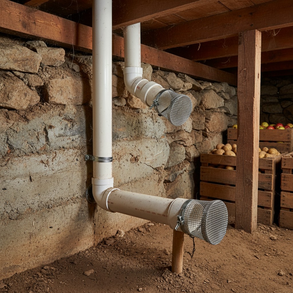 Root cellar ventilation system with intake and exhaust PVC pipes