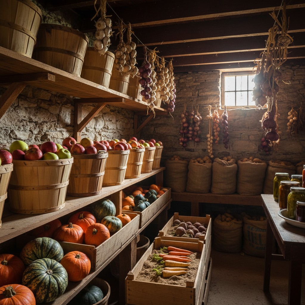 A well-organized root cellar full of stored harvest including apples, squash, garlic, and root vegetables
