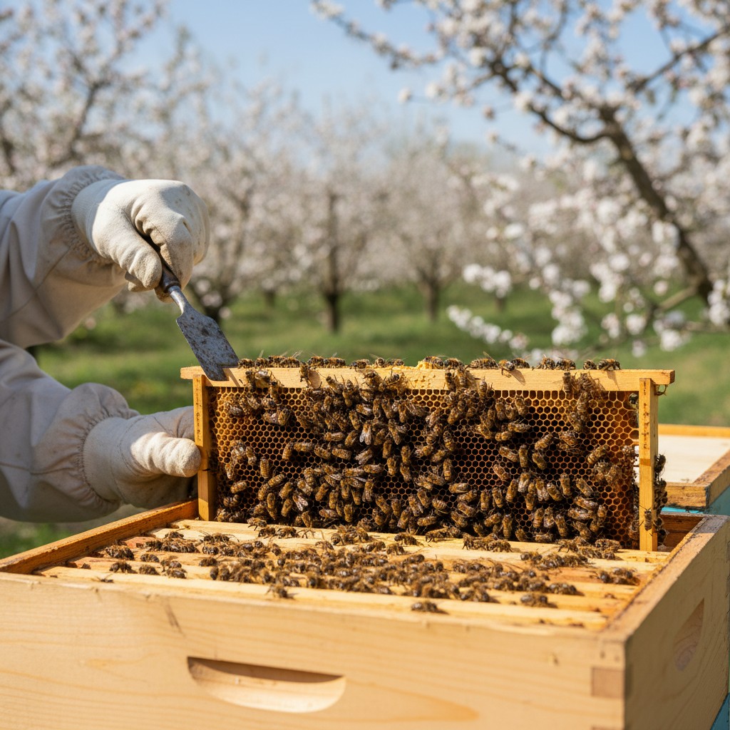 A Langstroth beehive being inspected in spring with frames covered in bees