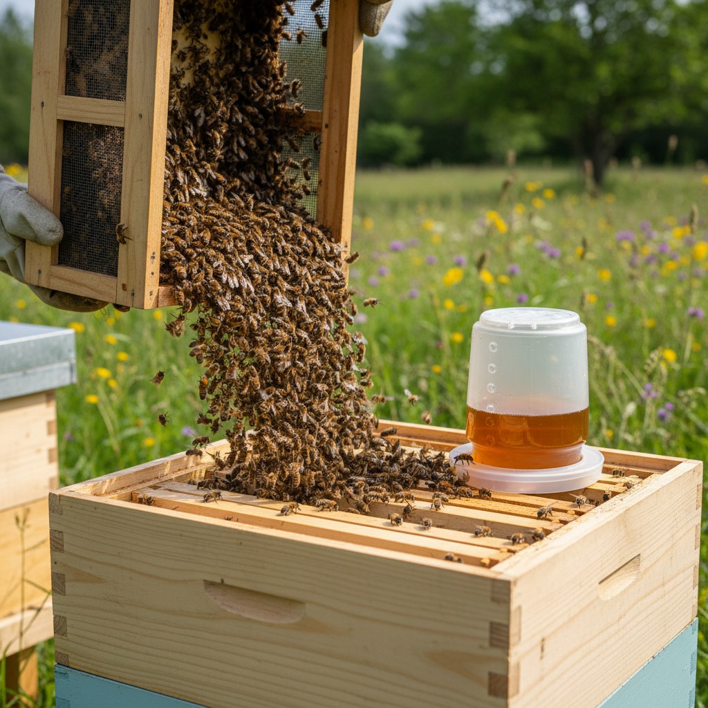 A package of bees being installed into a new Langstroth hive