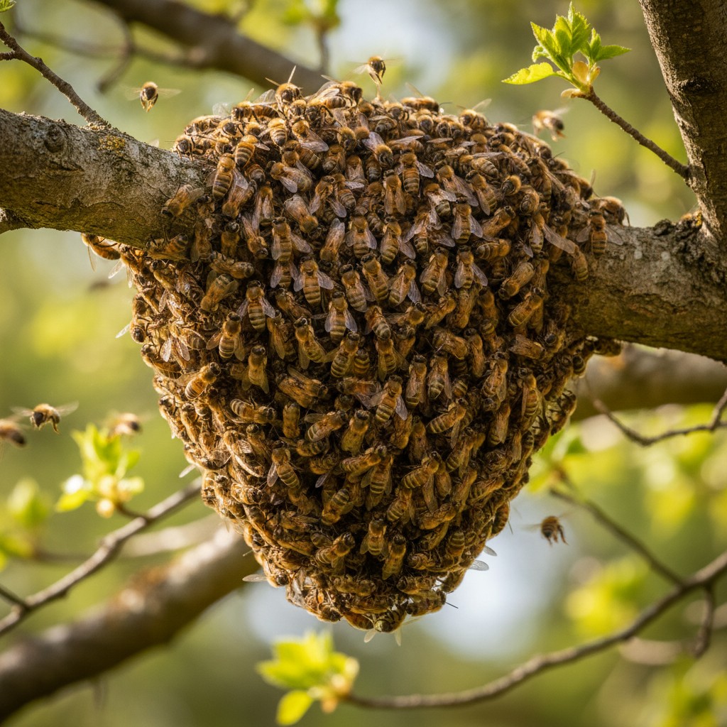 A large honeybee swarm cluster hanging from a tree branch