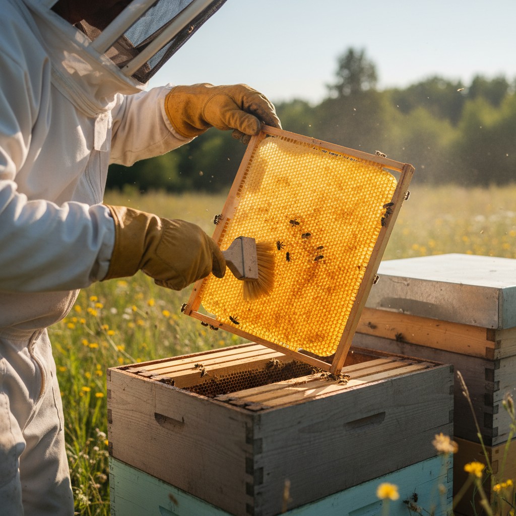 Frames of capped golden honey being removed from a beehive super