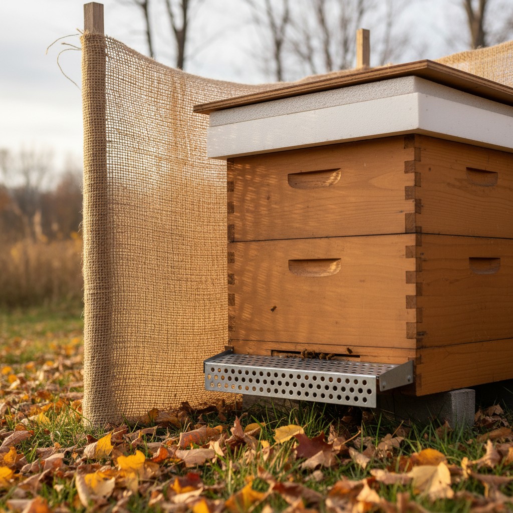 A beehive being winterized with mouse guard and insulated moisture board