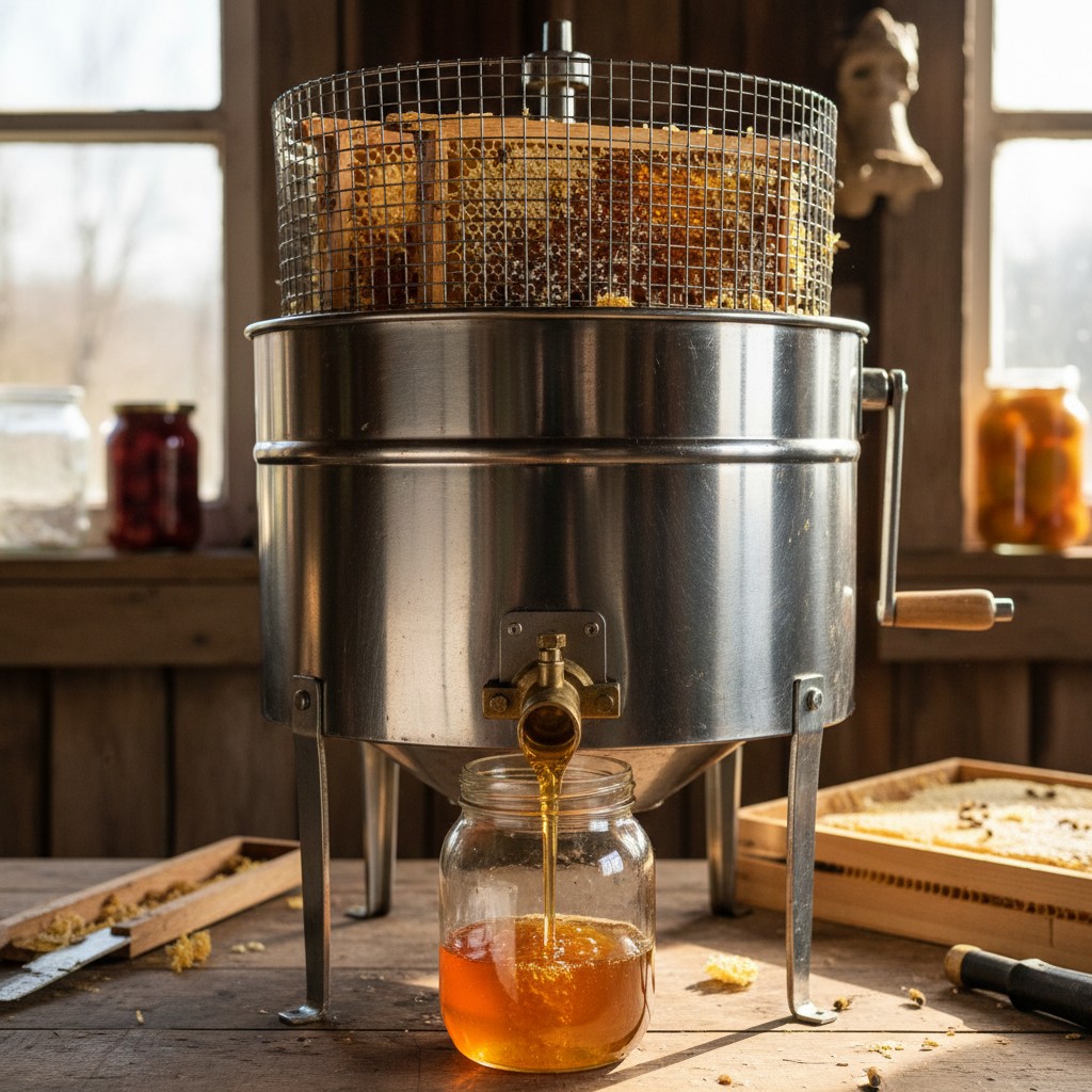 Golden honey flowing from a manual extractor into a glass jar