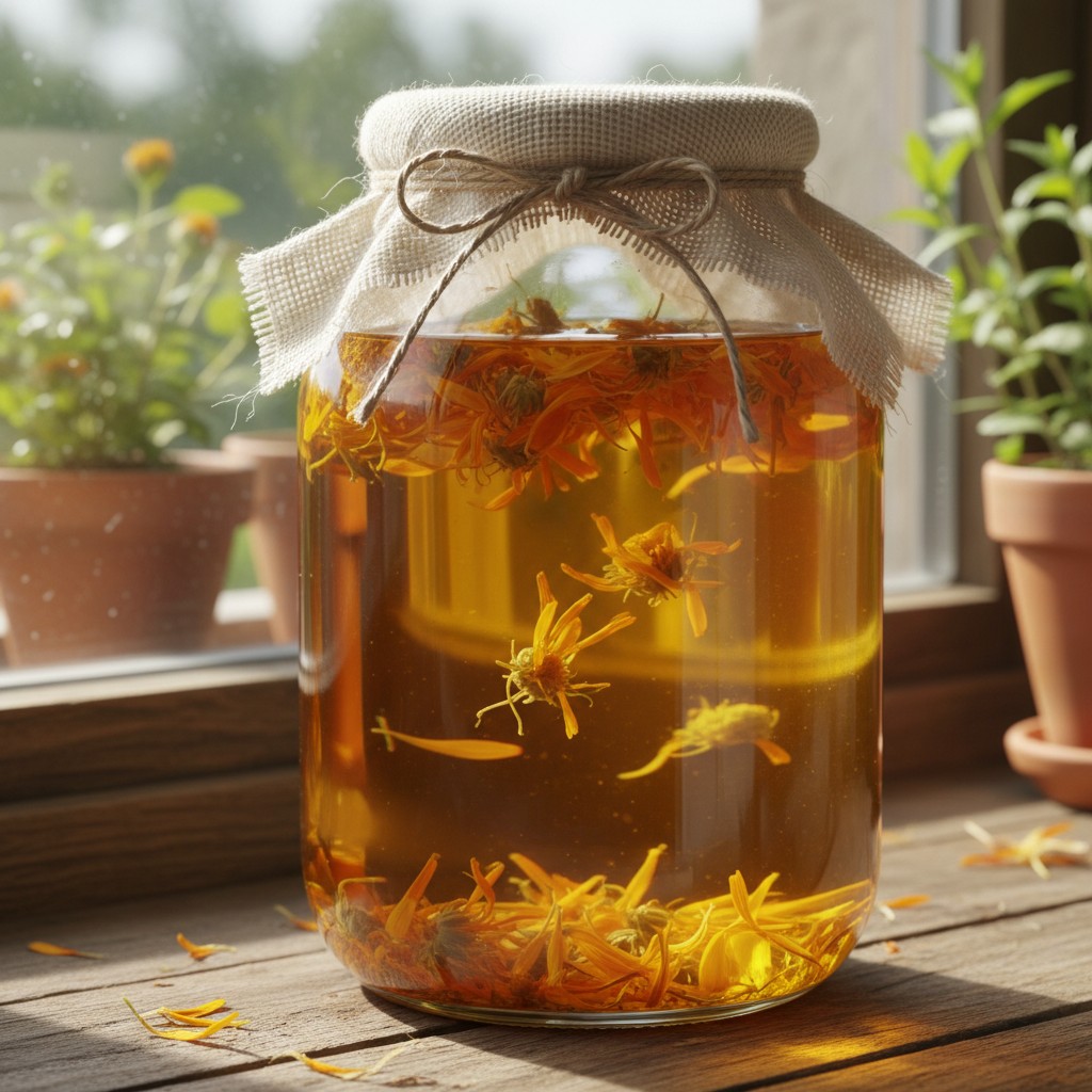 A glass jar of calendula-infused oil on a sunny windowsill