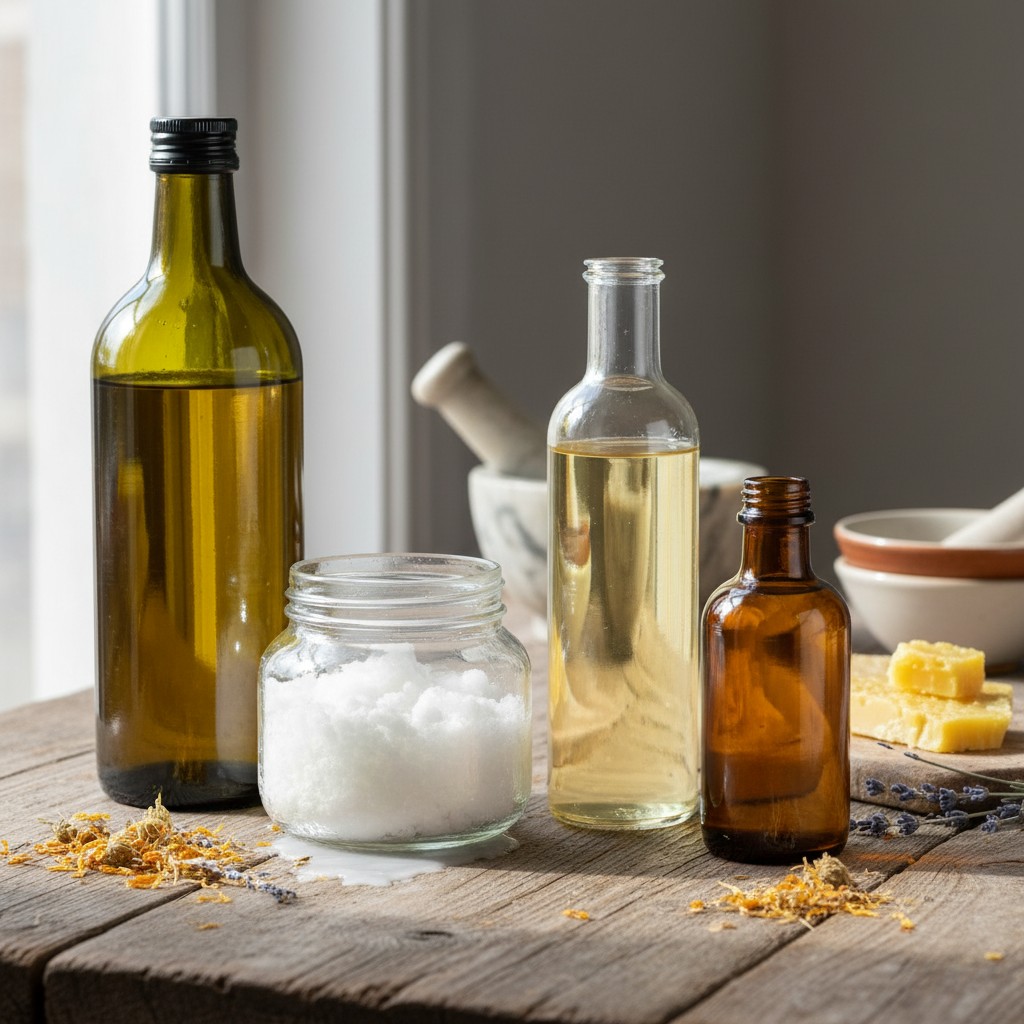 Carrier oils for salve making: olive oil, coconut oil, sweet almond oil, and jojoba oil