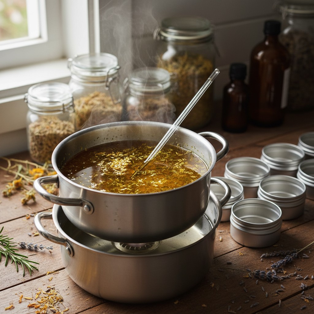 Beeswax pellets melting in a double boiler with infused herbal oil